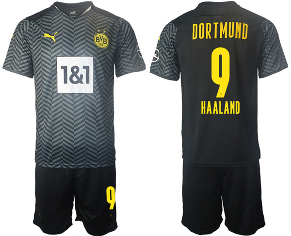 Men's Borussia Dortmund #9 Erling Haaland Black Away Soccer Jersey with Shorts